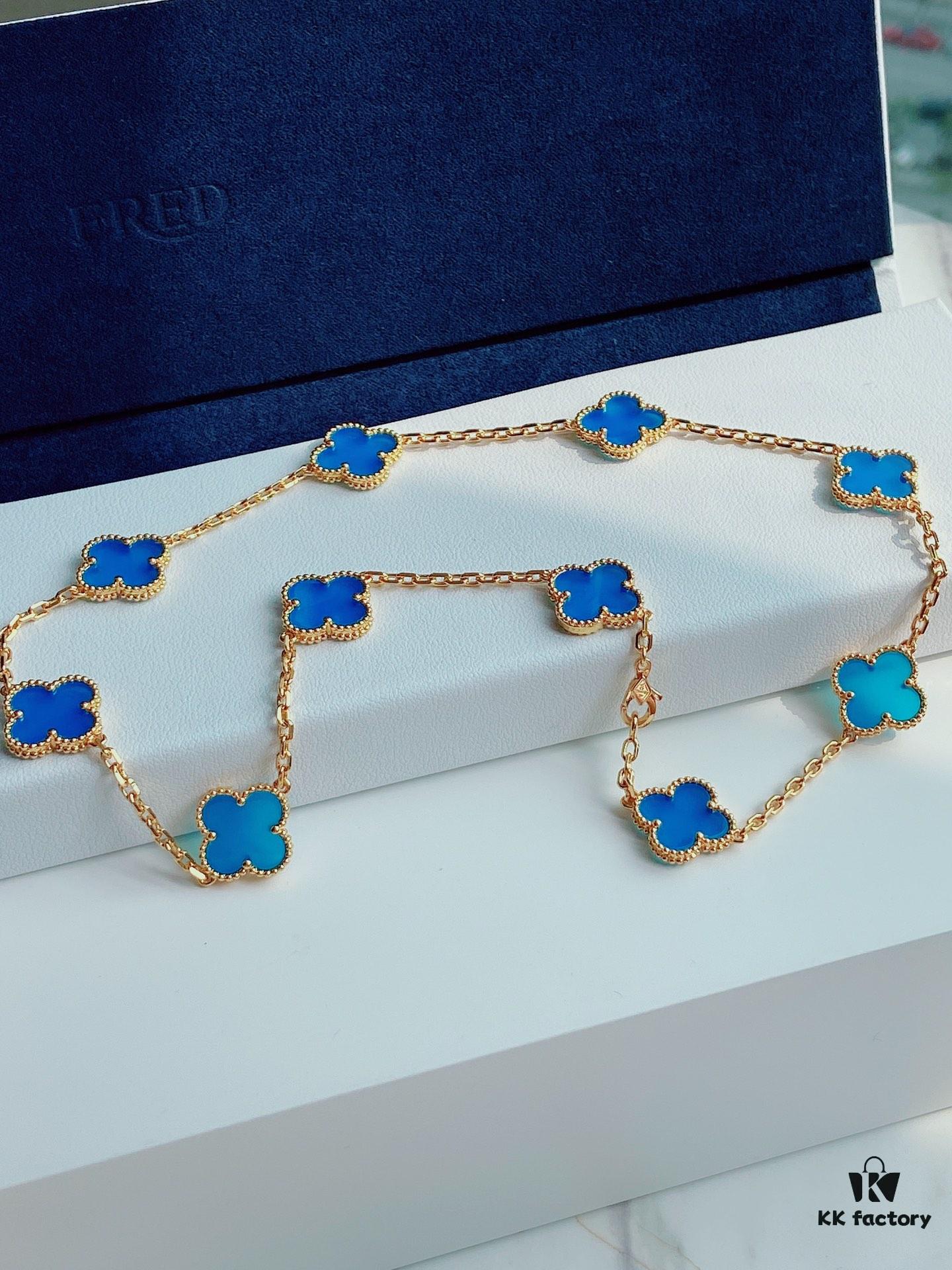 VCA Alhumbert Vintage Ten-Flower Yellow Gold Blue Chalcedony Necklace