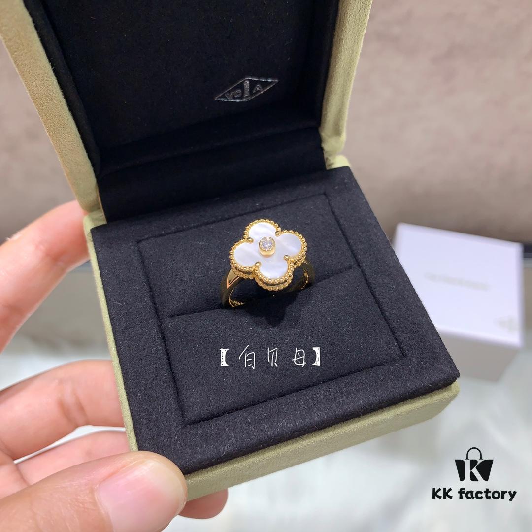 In Stock Now! VCA Clover Diamond Ring in Red Carnelian, Malachite, Black Onyx, and White Mother of Pearl