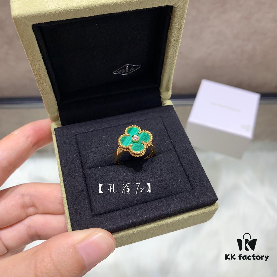 In Stock Now! VCA Clover Diamond Ring in Red Carnelian, Malachite, Black Onyx, and White Mother of Pearl