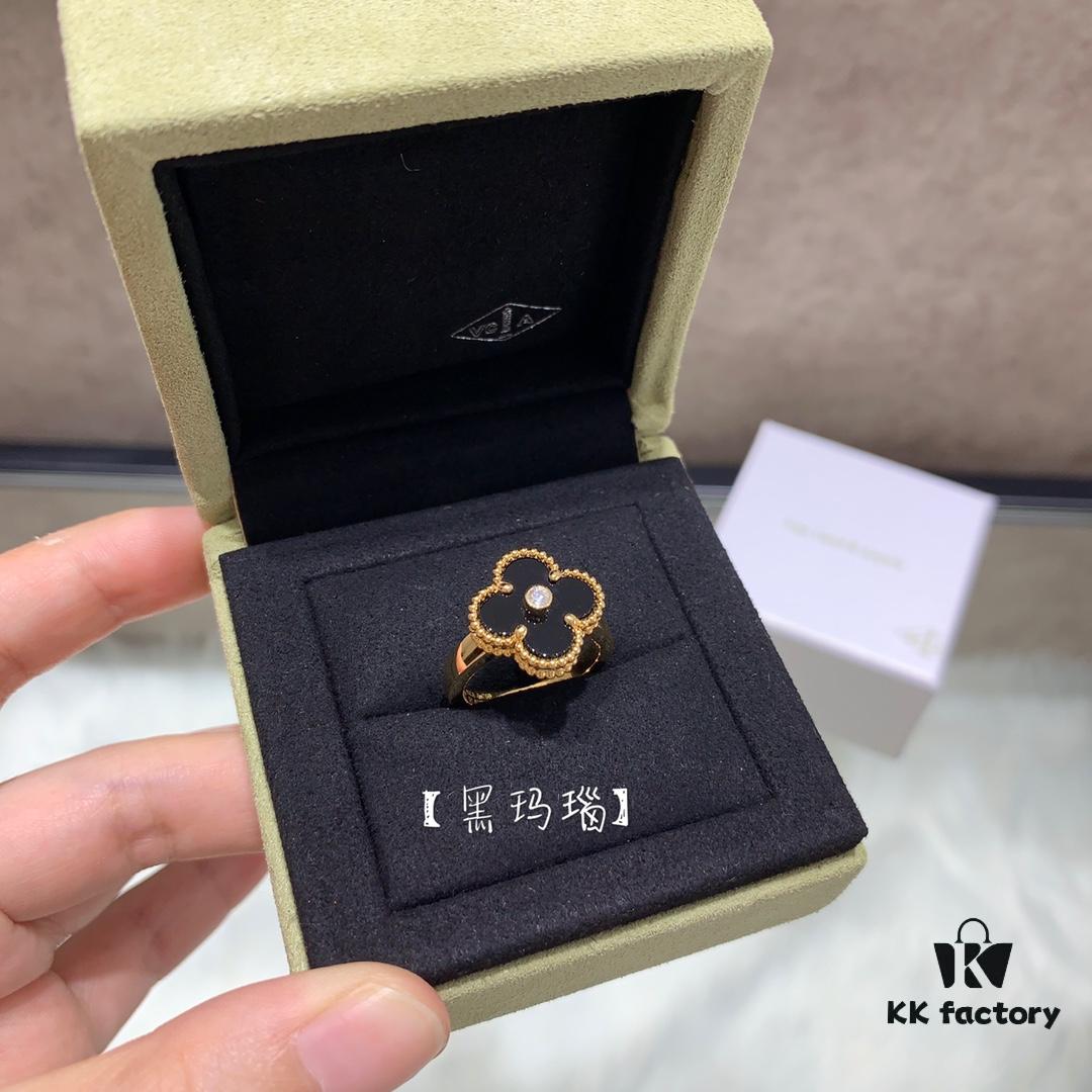 In Stock Now! VCA Clover Diamond Ring in Red Carnelian, Malachite, Black Onyx, and White Mother of Pearl