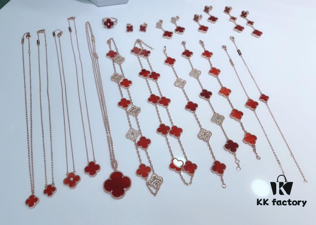 Clover Red Agate Set with Bracelet, Necklace, Sweater Chain, Stud Earrings, and Earrings