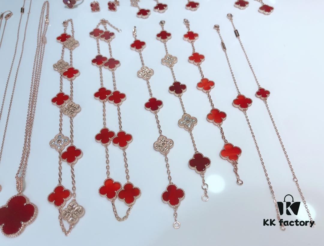 Clover Red Agate Set with Bracelet, Necklace, Sweater Chain, Stud Earrings, and Earrings