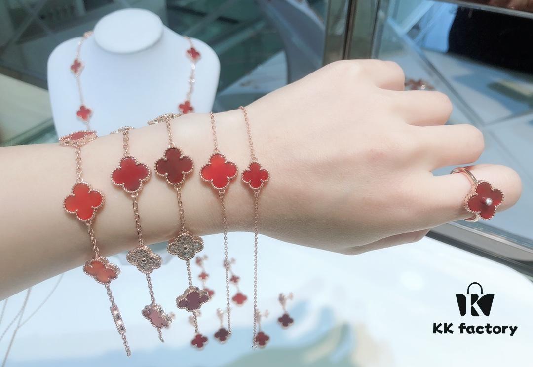 Clover Red Agate Set with Bracelet, Necklace, Sweater Chain, Stud Earrings, and Earrings