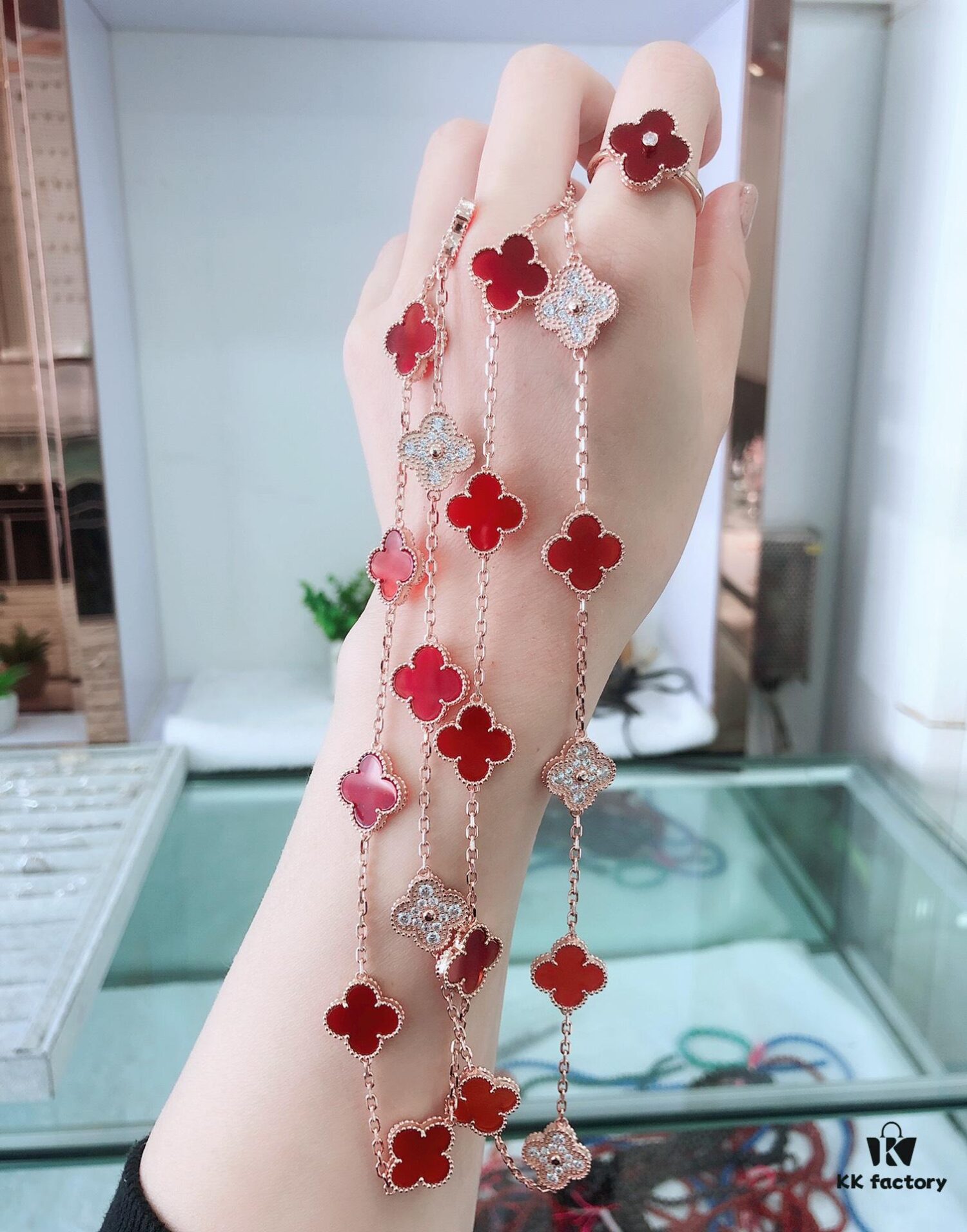 Clover Red Agate Set with Bracelet, Necklace, Sweater Chain, Stud Earrings, and Earrings