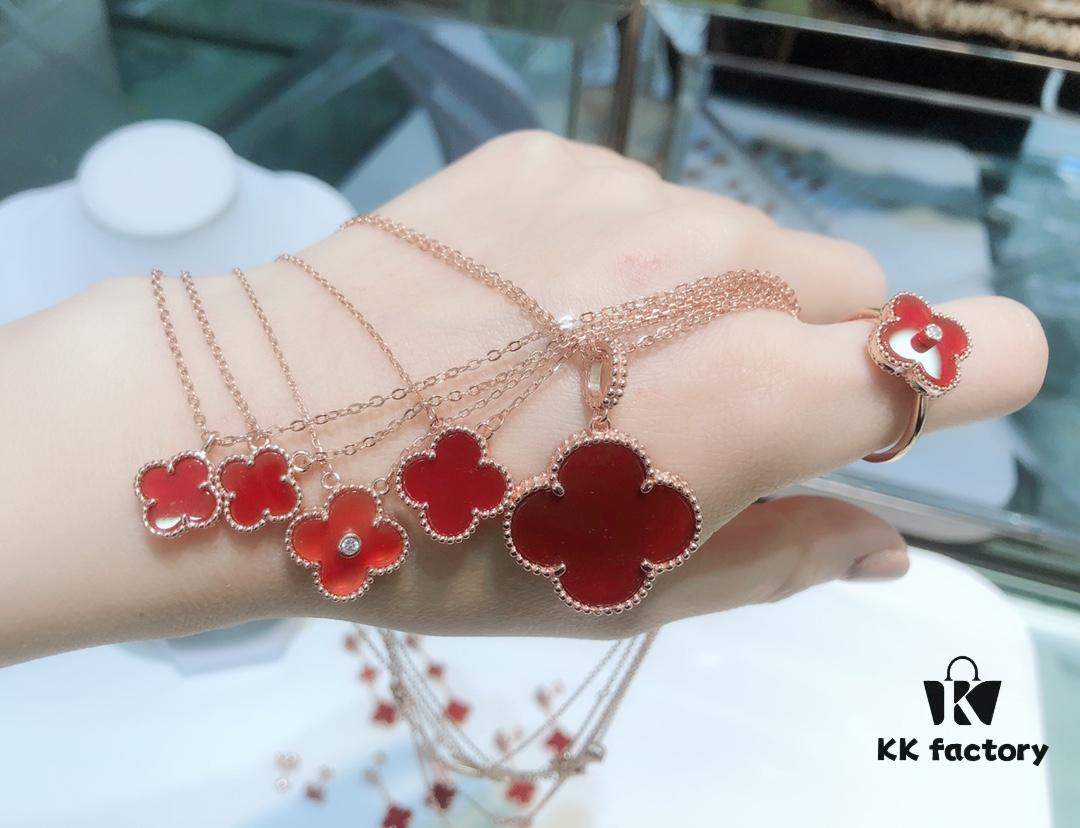 Clover Red Agate Set with Bracelet, Necklace, Sweater Chain, Stud Earrings, and Earrings