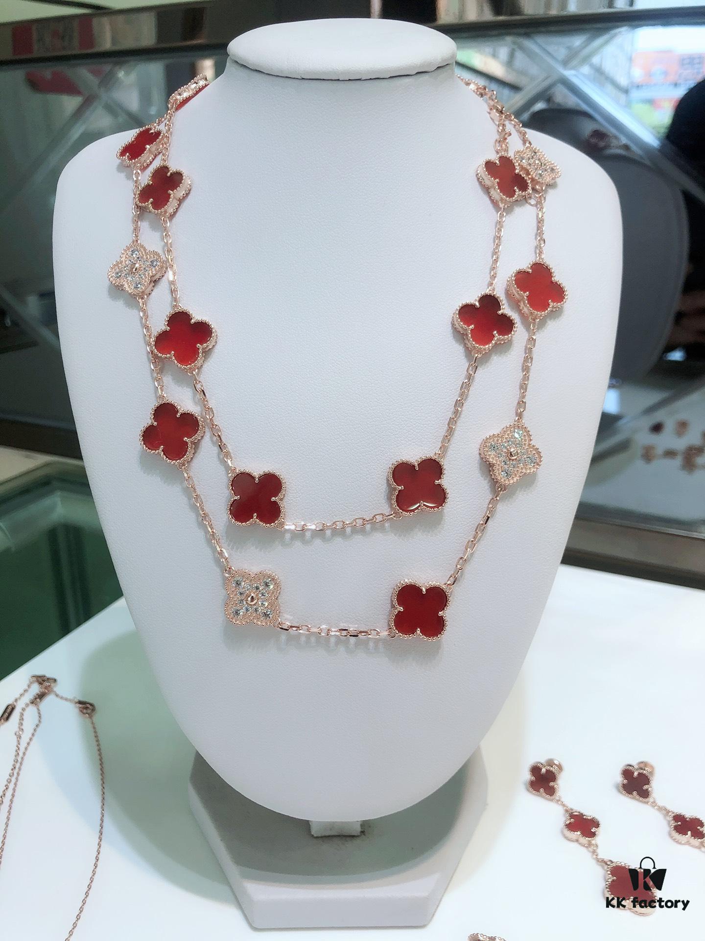 Clover Red Agate Set with Bracelet, Necklace, Sweater Chain, Stud Earrings, and Earrings