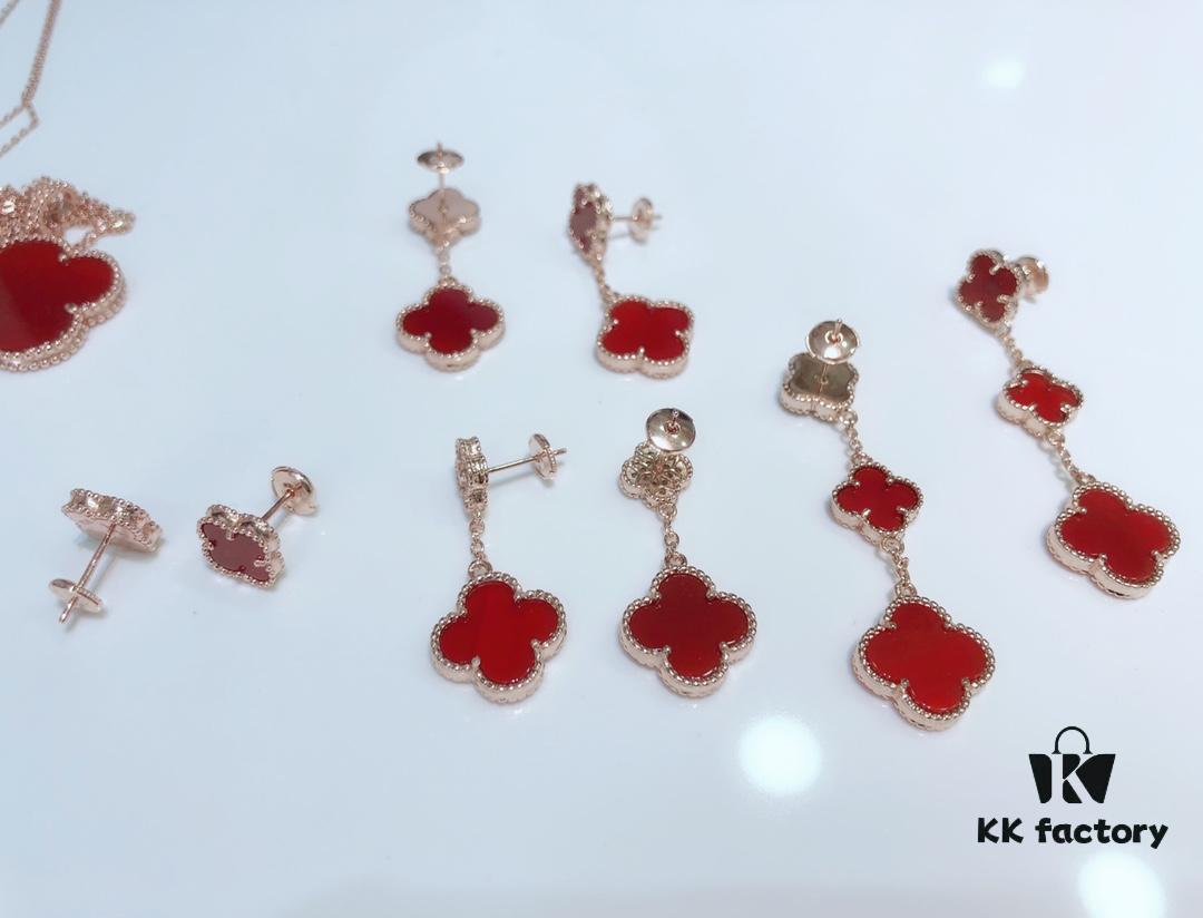 Clover Red Agate Set with Bracelet, Necklace, Sweater Chain, Stud Earrings, and Earrings