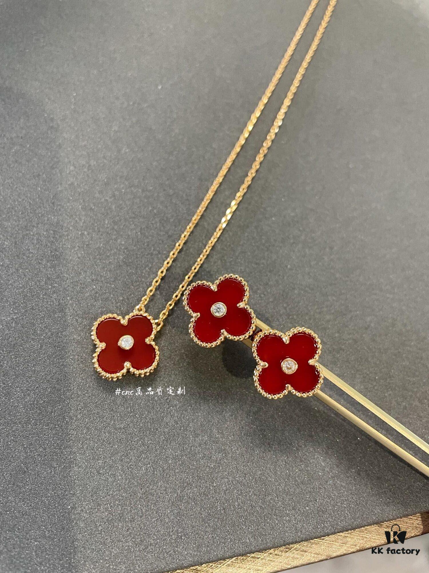 Lucky Cloverleaf with Red Carnelian! Mini Stud Earrings and Bracelet Also in Stock, Can Be Paired as a Set