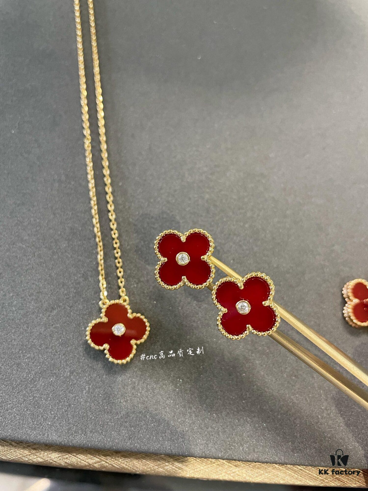 Lucky Cloverleaf with Red Carnelian! Mini Stud Earrings and Bracelet Also in Stock, Can Be Paired as a Set