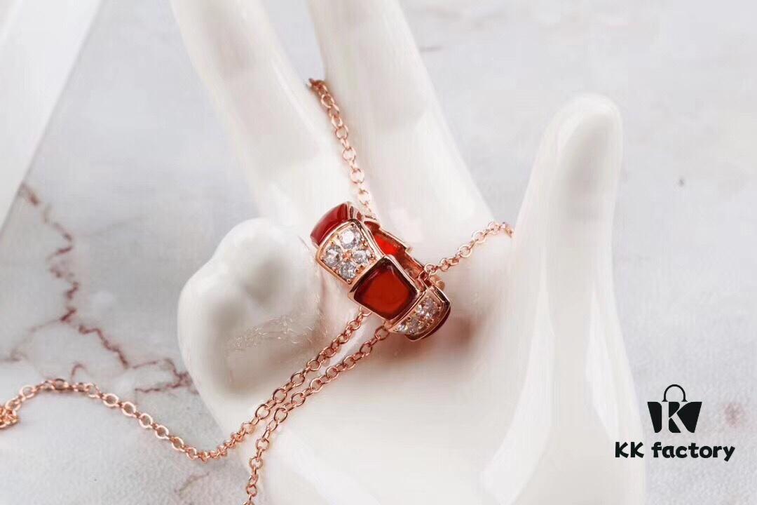 Bulgari BVLGARI 2018 Red Agate and White Agate Diamond-Paved Snake Bone Pendant Necklace