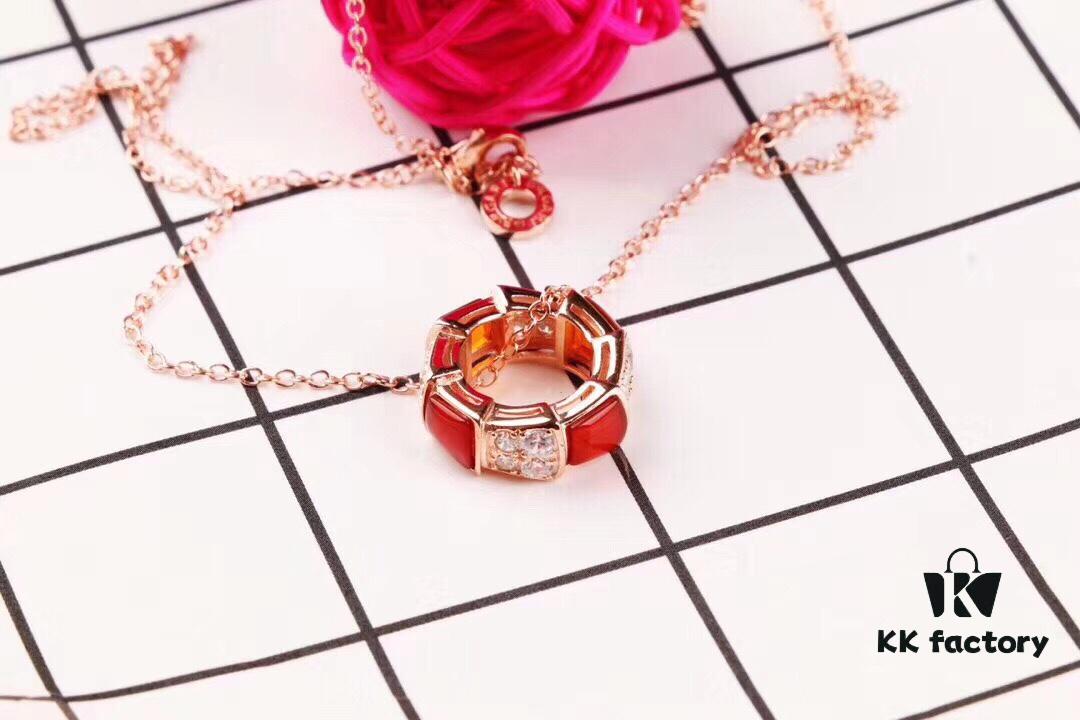 Bulgari BVLGARI 2018 Red Agate and White Agate Diamond-Paved Snake Bone Pendant Necklace