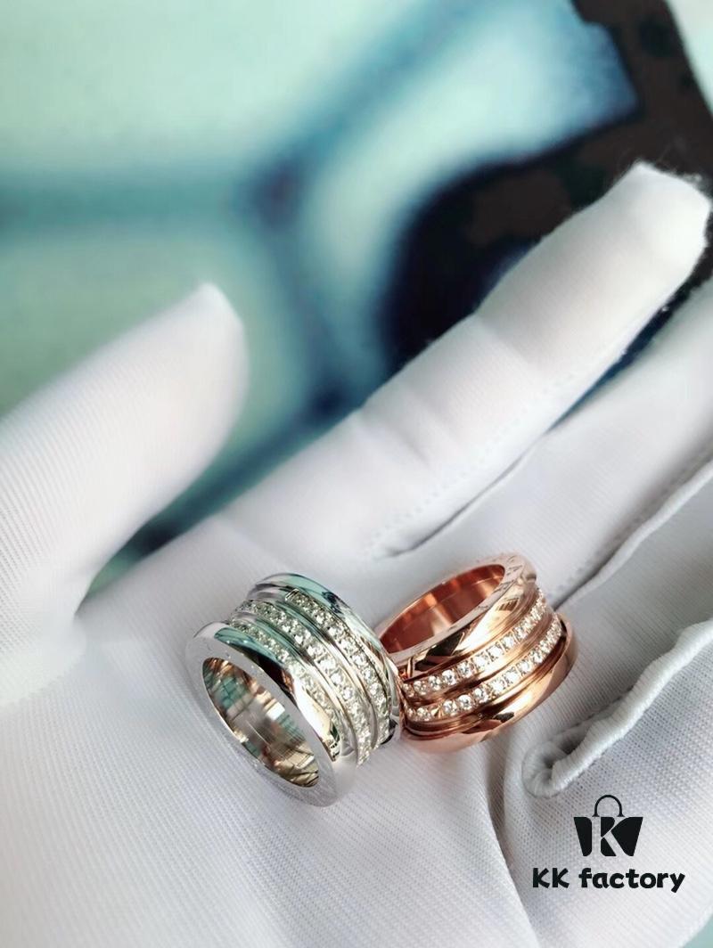 BVLGARI New Three-Ring Wide CNC Inlaid Diamond-Cut Ring in White and Rose Gold, Black Ceramic Inlay