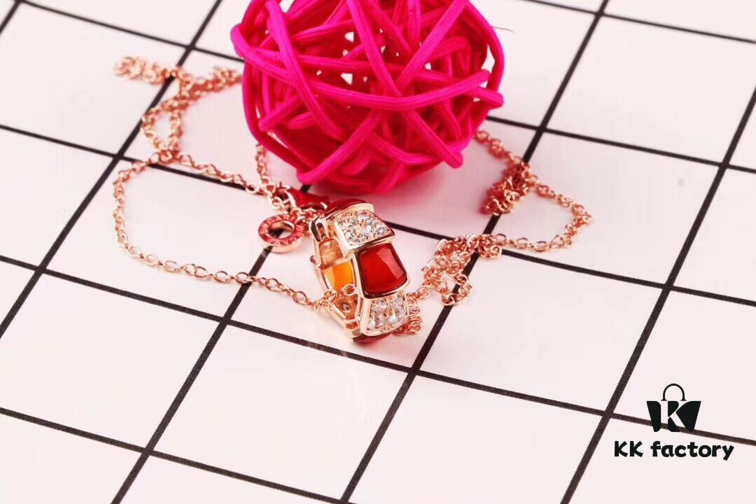 Bulgari BVLGARI 2018 Red Agate and White Agate Diamond-Paved Snake Bone Pendant Necklace