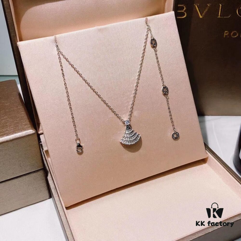 Bv Bulgari Diva Series Fan-shaped Full Diamond Platinum High-end Customized Imported S925 Sterling Silver 5A Super Sparkling Zircon Necklace with Original Bulgari Chain