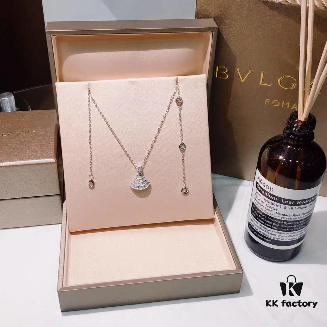 Bv Bulgari Diva Series Fan-shaped Full Diamond Platinum High-end Customized Imported S925 Sterling Silver 5A Super Sparkling Zircon Necklace with Original Bulgari Chain