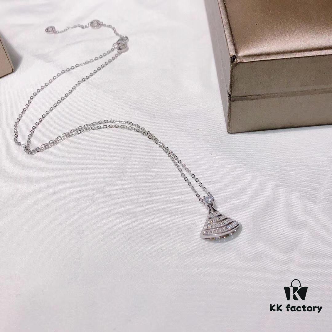 Bv Bulgari Diva Series Fan-shaped Full Diamond Platinum High-end Customized Imported S925 Sterling Silver 5A Super Sparkling Zircon Necklace with Original Bulgari Chain
