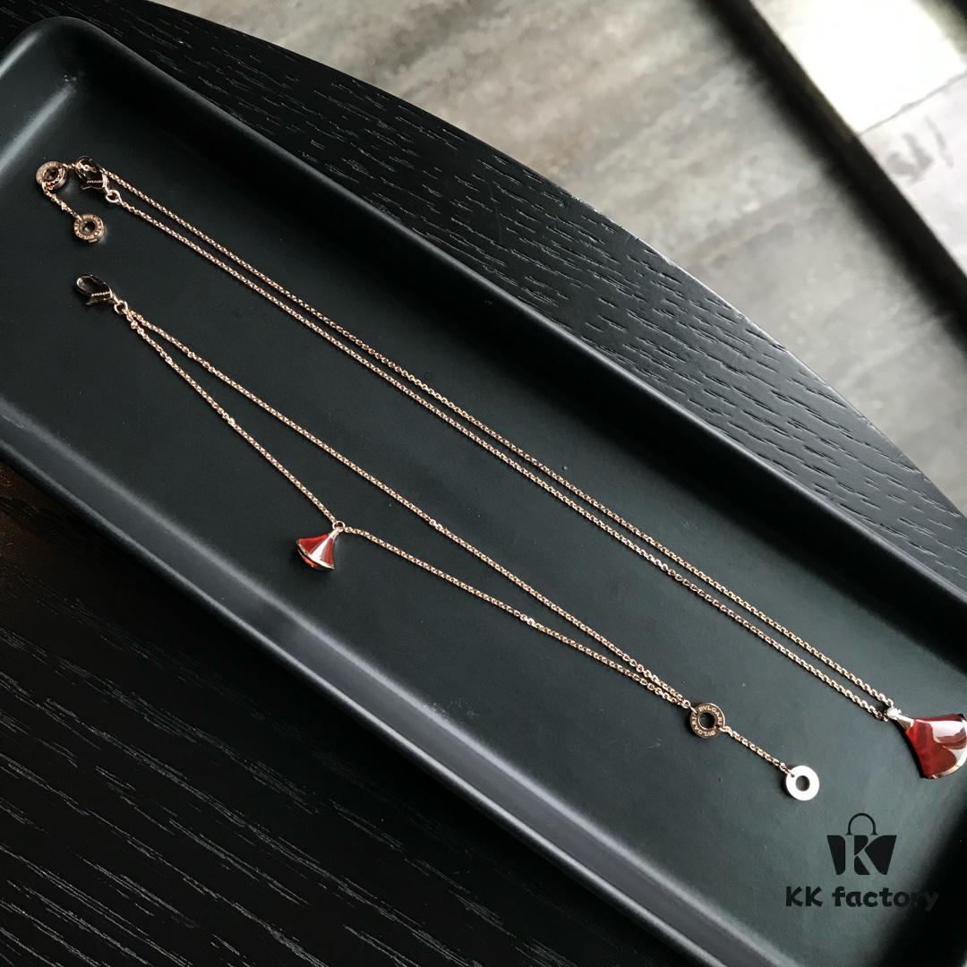 BVLGARI Bulgari Diva Series Skirt Dress Necklace and Bracelet Set - High-End Custom Red Carnelian Fan Collection, 18K Rose Gold/White Gold Plated Premium Alloy with Sparkling Faux Diamonds
