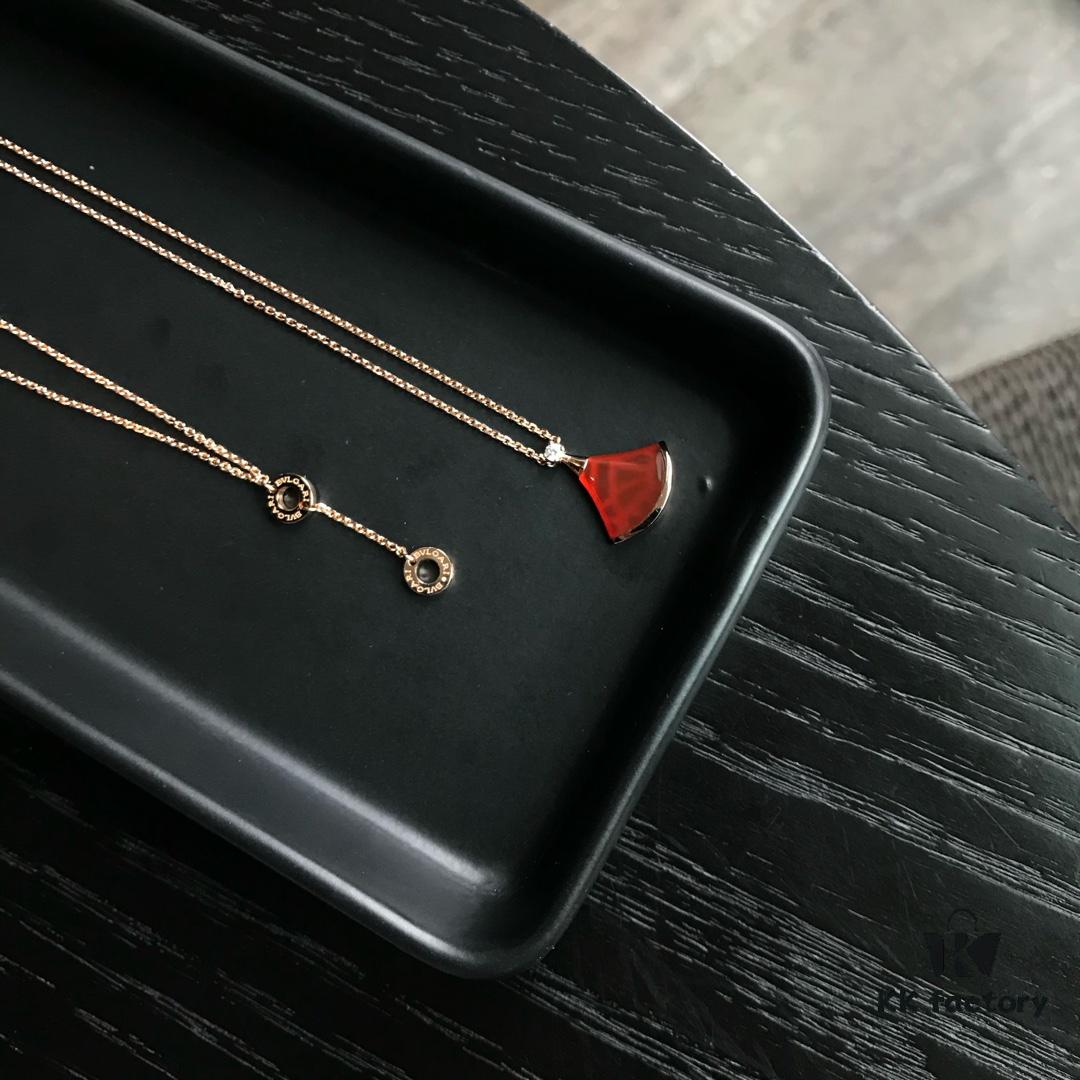 BVLGARI Bulgari Diva Series Skirt Dress Necklace and Bracelet Set - High-End Custom Red Carnelian Fan Collection, 18K Rose Gold/White Gold Plated Premium Alloy with Sparkling Faux Diamonds
