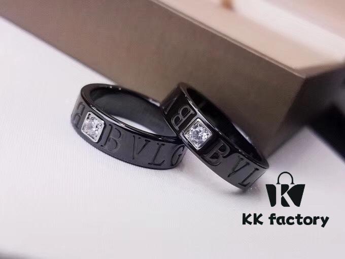 BVLGARI Bulgari Couple's Black Ceramic Ring with 925 Silver Setting and Simulated Diamonds