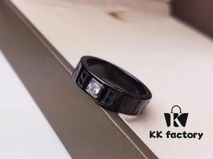 BVLGARI Bulgari Couple's Black Ceramic Ring with 925 Silver Setting and Simulated Diamonds