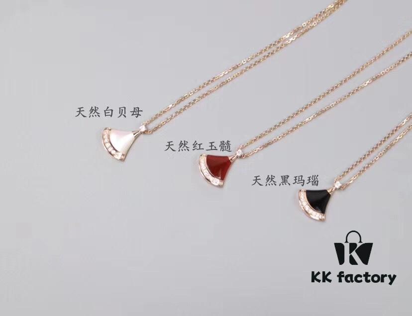 High-End Custom 925 Sterling Silver Fan-Shaped Necklace with White Mother of Pearl, Red Carnelian, and Black Onyx – Diva Series by Baojia, Inspired by Bulgari Design