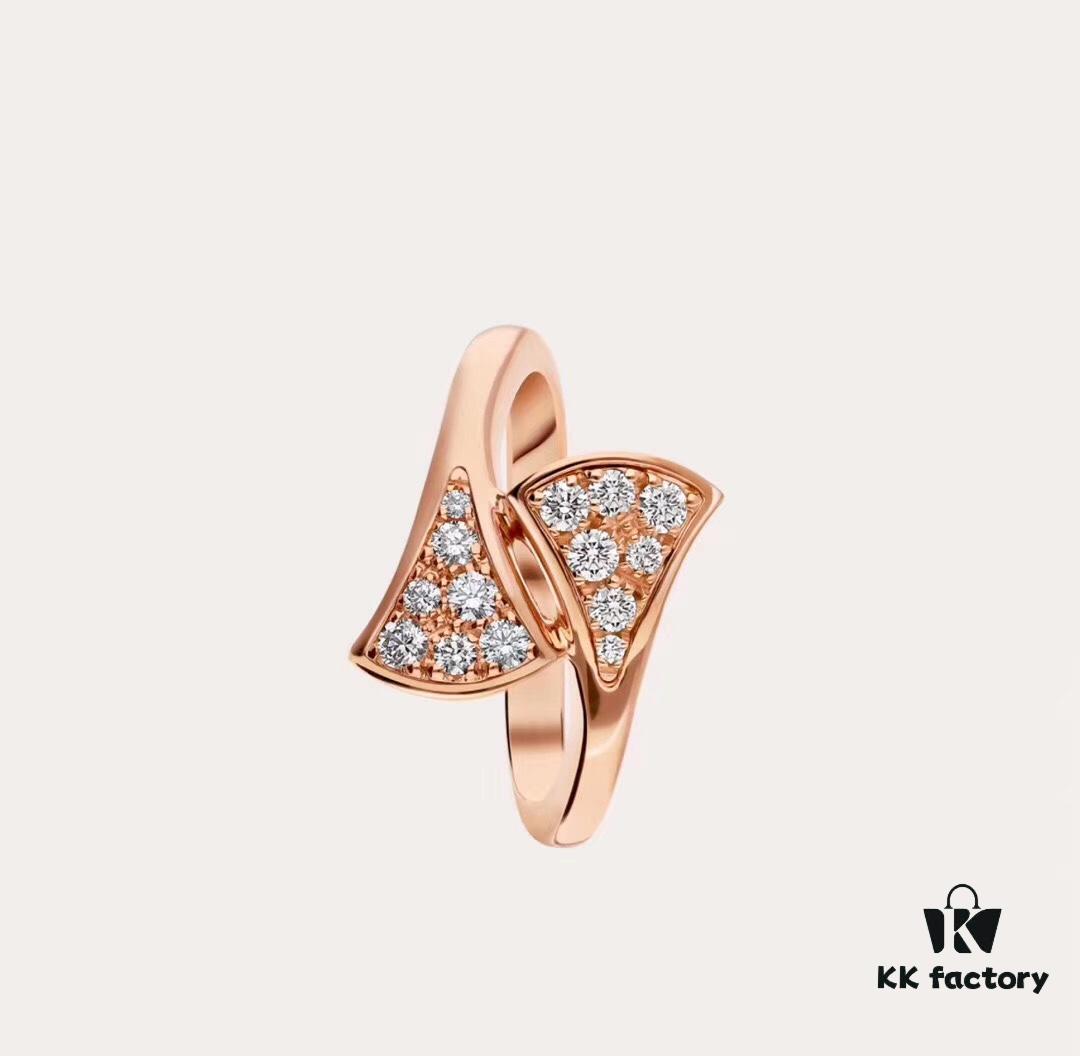 Bvlgari Diva Series Fully Diamond-Paved Double Skirt Opening Ring, Premium German Imported S925 Sterling Silver with 14K Gold Plating, Classic Fan Design, Available in Rose Gold and Platinum Finish