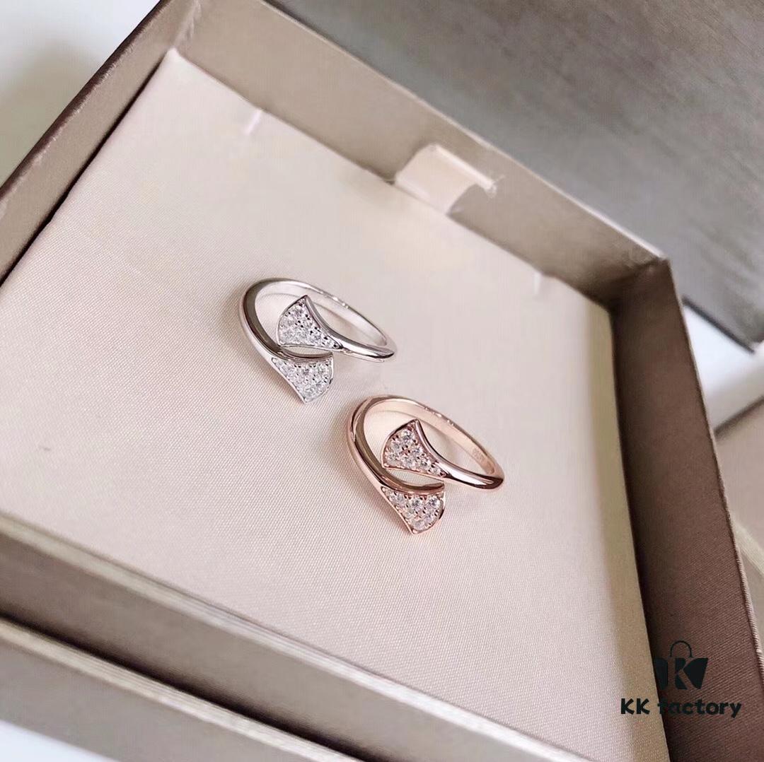 Bvlgari Diva Series Fully Diamond-Paved Double Skirt Opening Ring, Premium German Imported S925 Sterling Silver with 14K Gold Plating, Classic Fan Design, Available in Rose Gold and Platinum Finish
