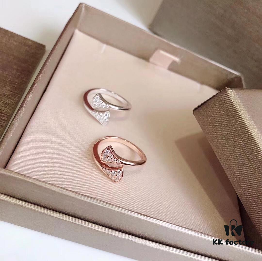 Bvlgari Diva Series Fully Diamond-Paved Double Skirt Opening Ring, Premium German Imported S925 Sterling Silver with 14K Gold Plating, Classic Fan Design, Available in Rose Gold and Platinum Finish