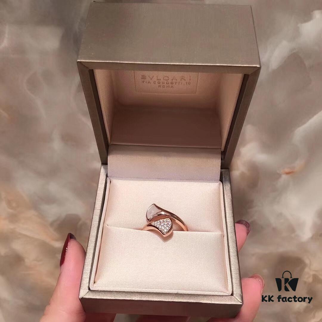 BVLGAR Classic Revival Bulgari Mother-of-Pearl Skirt Ring with Snake-Inspired Design, Adjustable, 925 Sterling Silver Thick Gold Plated, Natural Mother-of-Pearl, Diamond-Cut Detail, Available in Platinum and Rose Gold Finish