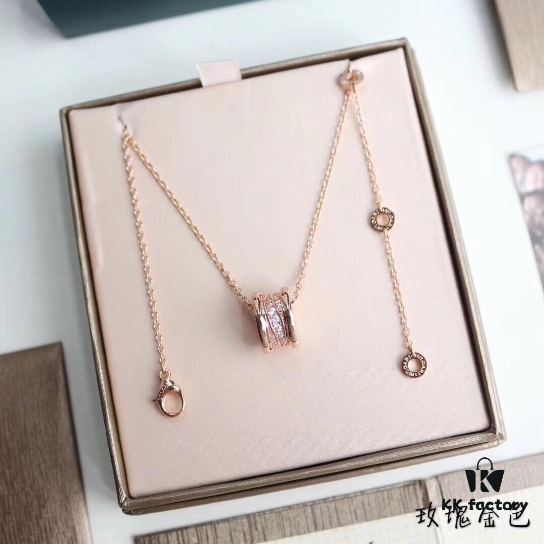 Bulgari BVLGARI Spiral Diamond-Paved Spring Necklace in Rose Gold, White Gold, and Yellow Gold Tone with Electroplated K-Gold Layer