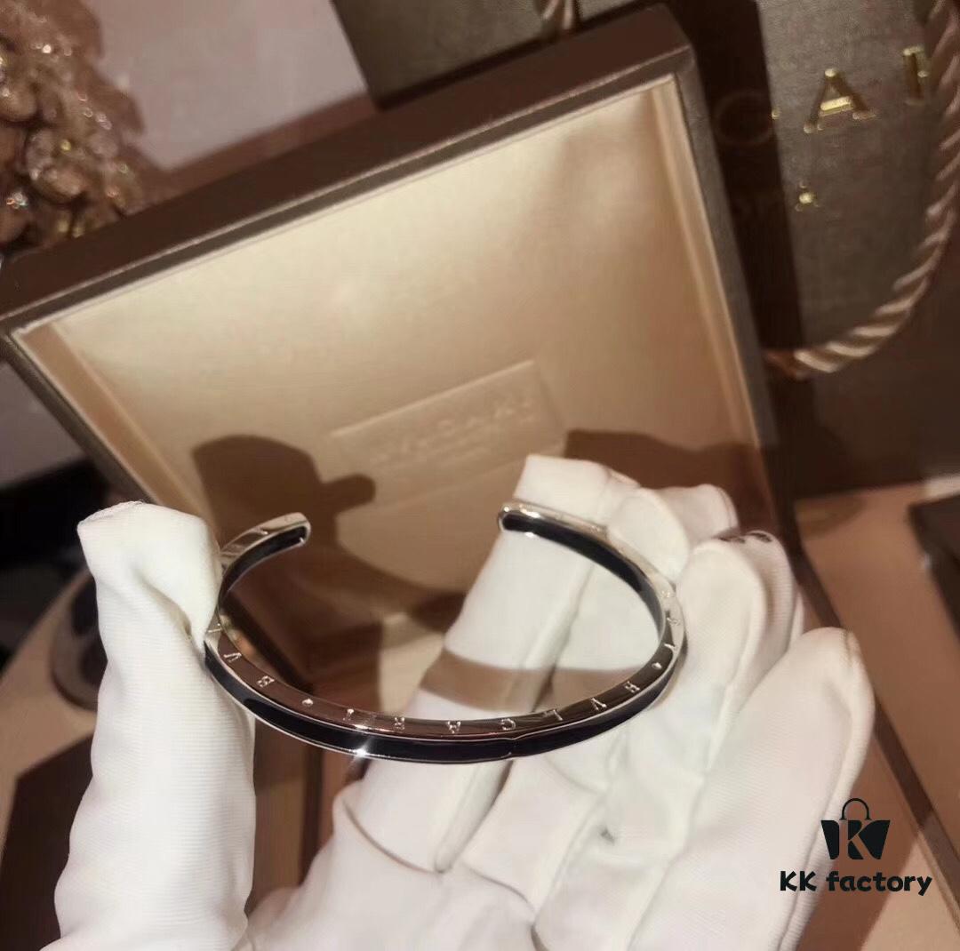 BVLGARI Classic C-Shaped Open Letter Bracelet, Luxury Elegant Design, High-End 925 Sterling Silver Electroplated Polished CNC Craft, Adjustable Unisex Bangle in Black and White, Hypoallergenic and Fade-Resistant