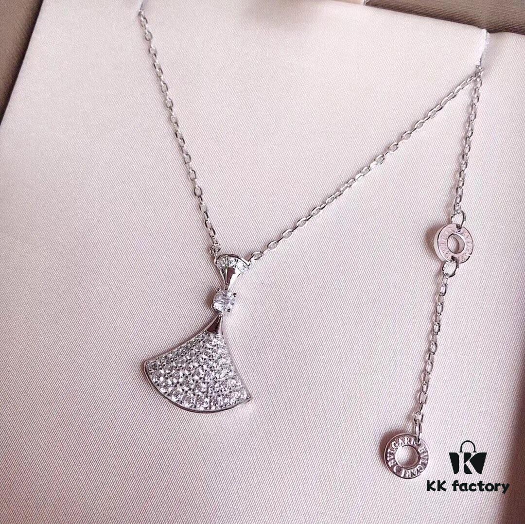 Bvlgari Bulgari Diva Series High-End Custom Necklace, Imported 925 Sterling Silver with 18K Gold and Diamond-Paved Fan-Shaped Pendant, Platinum and Rose Gold Options