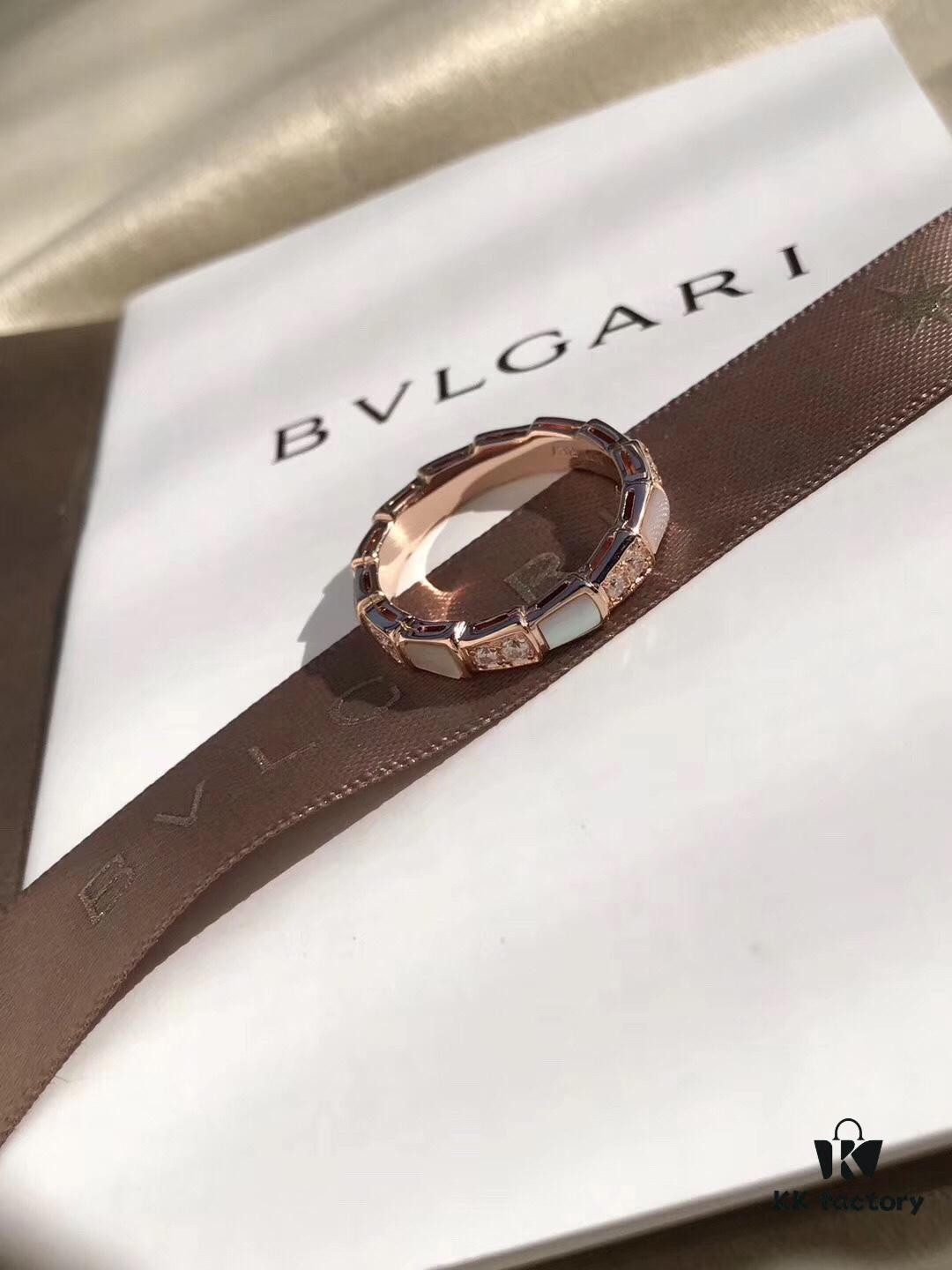 Bvlgari Serpenti Viper Series Mother-of-Pearl Snake Bone Ring in S925 Silver with 18K Gold Plating, Embellished with 12 Diamonds and 6 White Shell Inlays