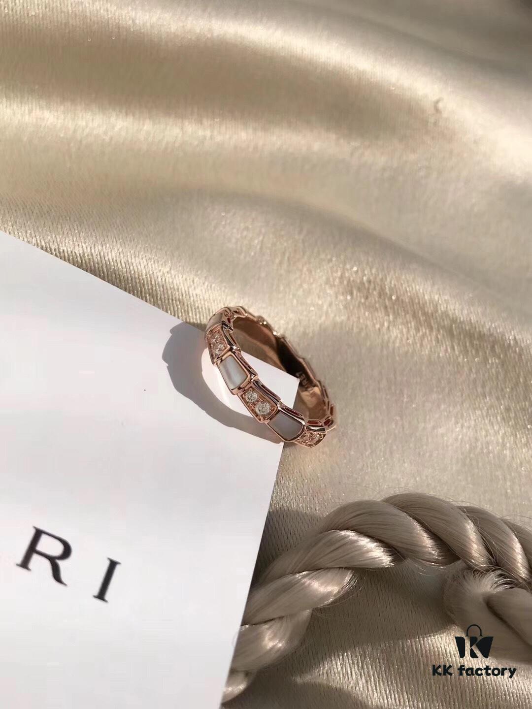 Bvlgari Serpenti Viper Series Mother-of-Pearl Snake Bone Ring in S925 Silver with 18K Gold Plating, Embellished with 12 Diamonds and 6 White Shell Inlays