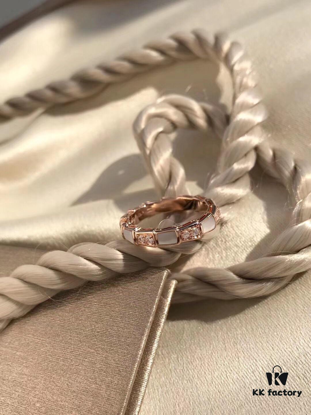 Bvlgari Serpenti Viper Series Mother-of-Pearl Snake Bone Ring in S925 Silver with 18K Gold Plating, Embellished with 12 Diamonds and 6 White Shell Inlays