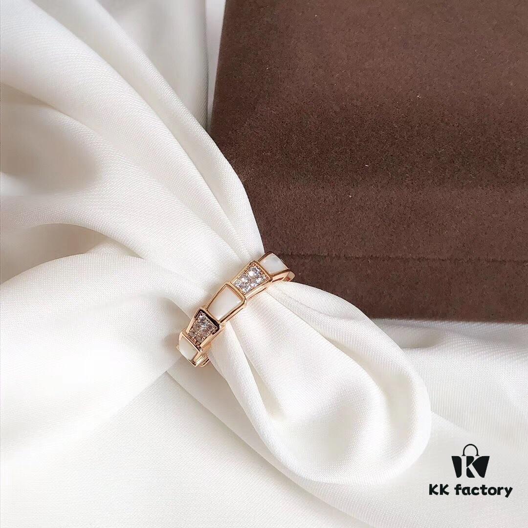 Bvlgari Serpenti Series White Mother-of-Pearl Snake Ring Minimalist Understated Luxury Meaningful Wedding Band Series Premium S925 Sterling Silver with Thick Gold Plating