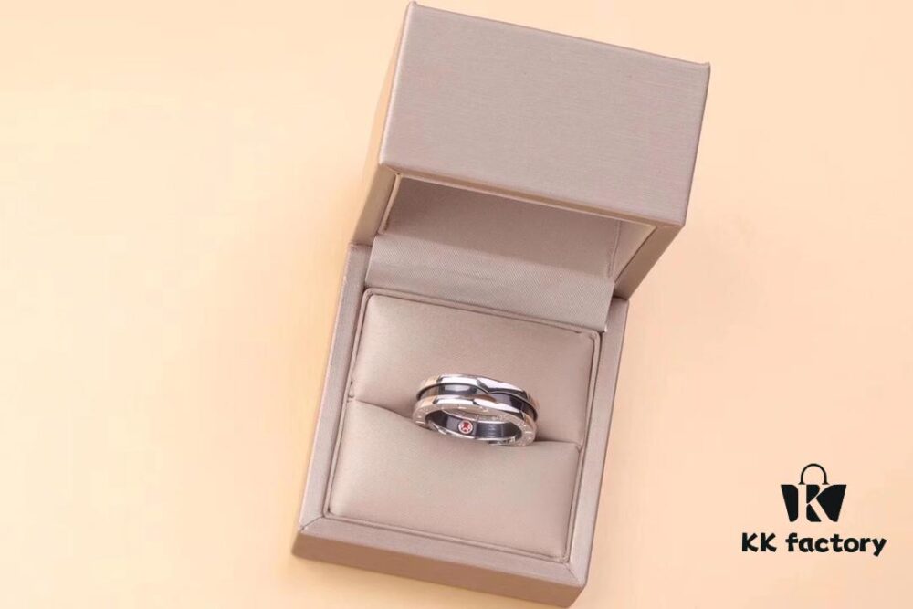 BVLGARI Precision Craftsmanship Little Red Man Ring, 925 Sterling Silver, Black Ceramic Inlay