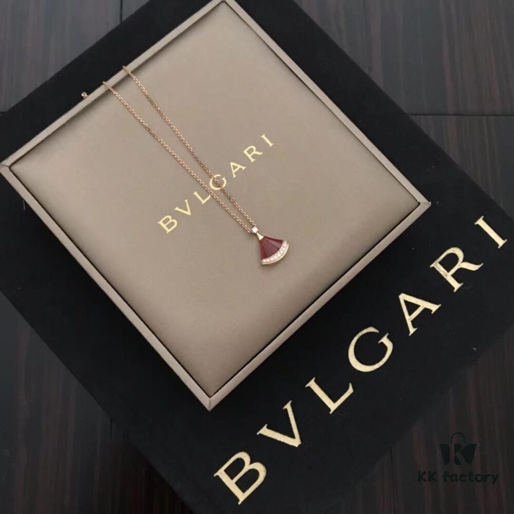 Bvlgari Natural Stone Fan Pendant Necklace in 925 Sterling Gold-Plated Silver – Authentic Mold, Exclusive Design