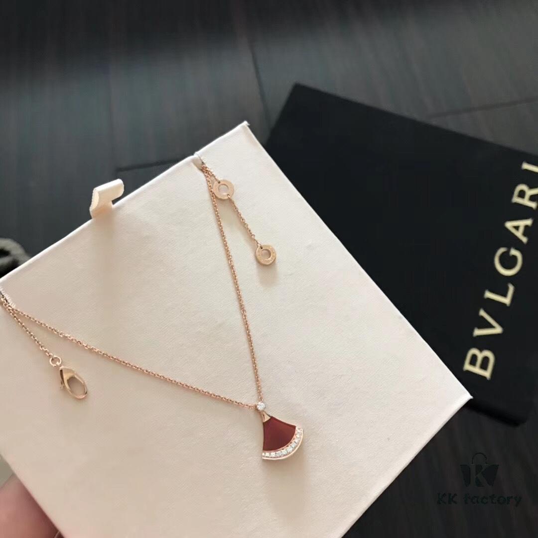 Bvlgari Natural Stone Fan Pendant Necklace in 925 Sterling Gold-Plated Silver – Authentic Mold, Exclusive Design