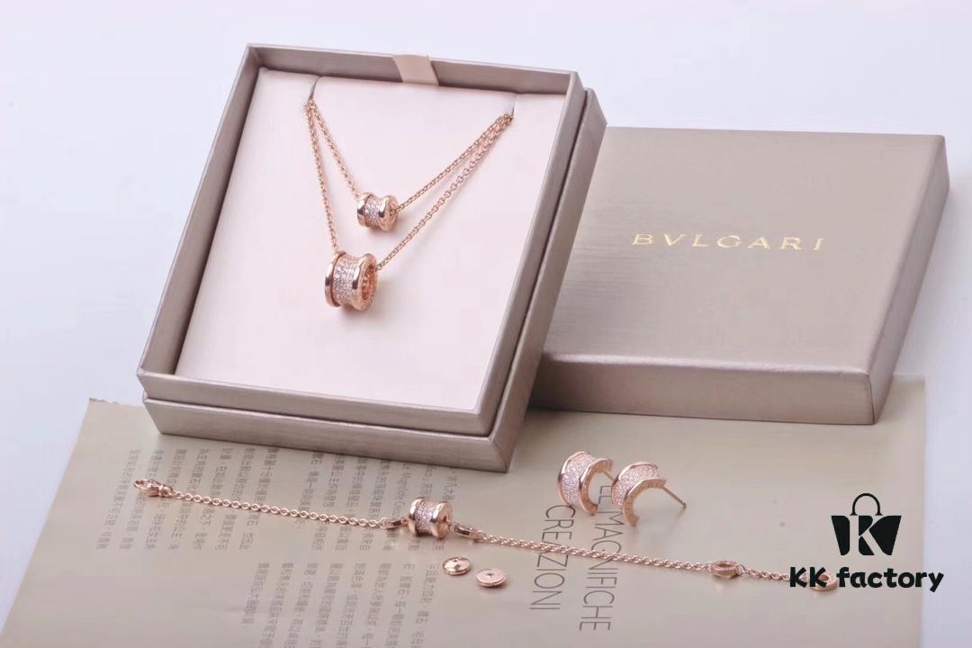 Bvlgari Full Diamond Set: Earrings, Bracelet, Necklace in Small and Large Sizes - 18K Gold with Imported 925 Sterling Silver, Heavy Gold Plating, Top-Tier Craftsmanship