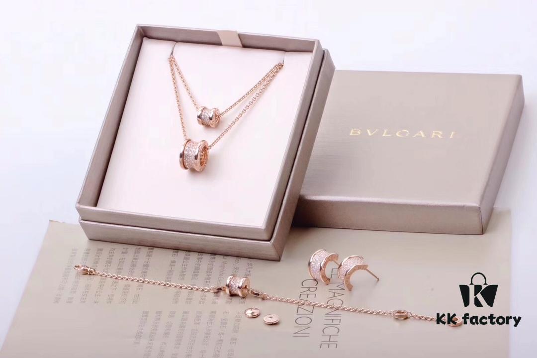 Bvlgari Full Diamond Set: Earrings, Bracelet, Necklace in Small and Large Sizes - 18K Gold with Imported 925 Sterling Silver, Heavy Gold Plating, Top-Tier Craftsmanship