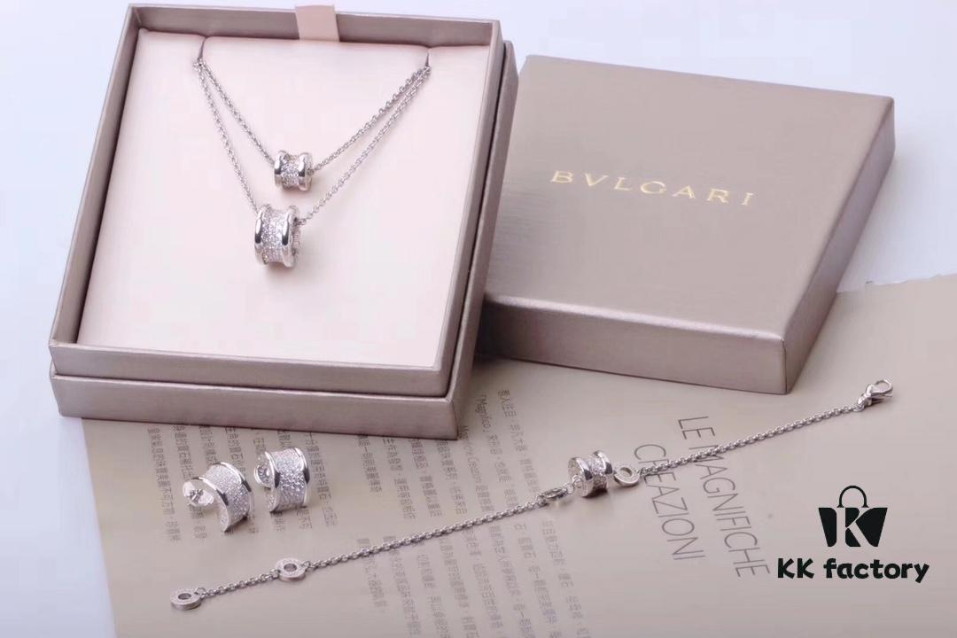 Bvlgari Full Diamond Set: Earrings, Bracelet, Necklace in Small and Large Sizes - 18K Gold with Imported 925 Sterling Silver, Heavy Gold Plating, Top-Tier Craftsmanship