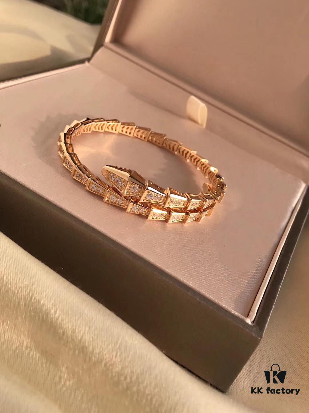 Bvlgari Serpenti Viper Full Diamond Snake Bone Bracelet in S925 Silver with 18K Gold Plating