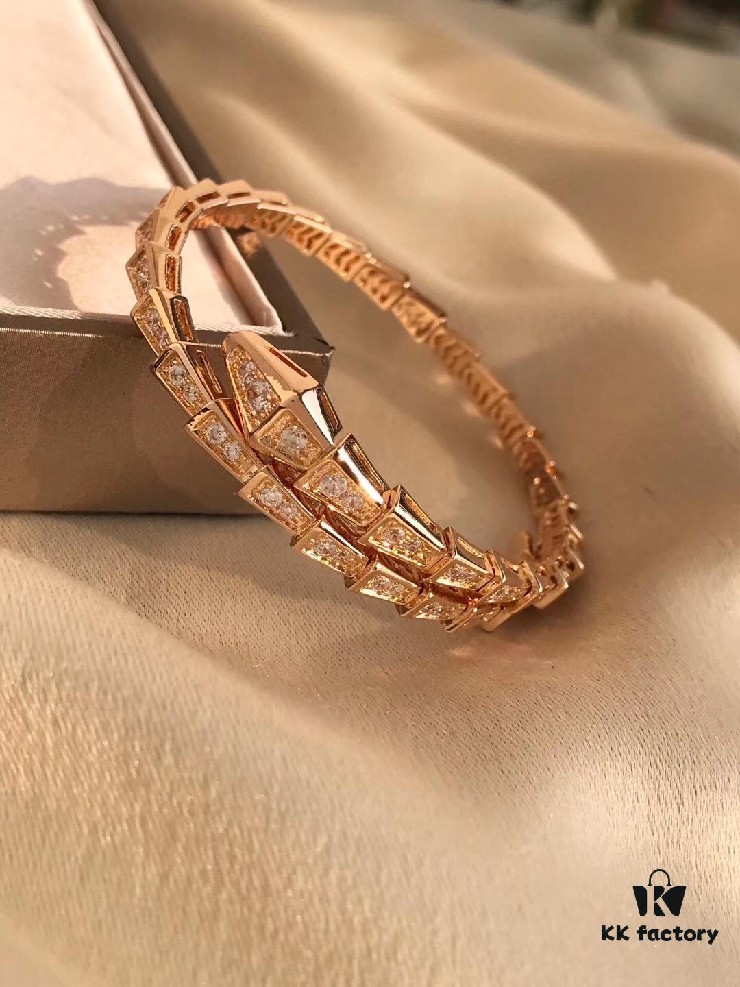 Bvlgari Serpenti Viper Full Diamond Snake Bone Bracelet in S925 Silver with 18K Gold Plating