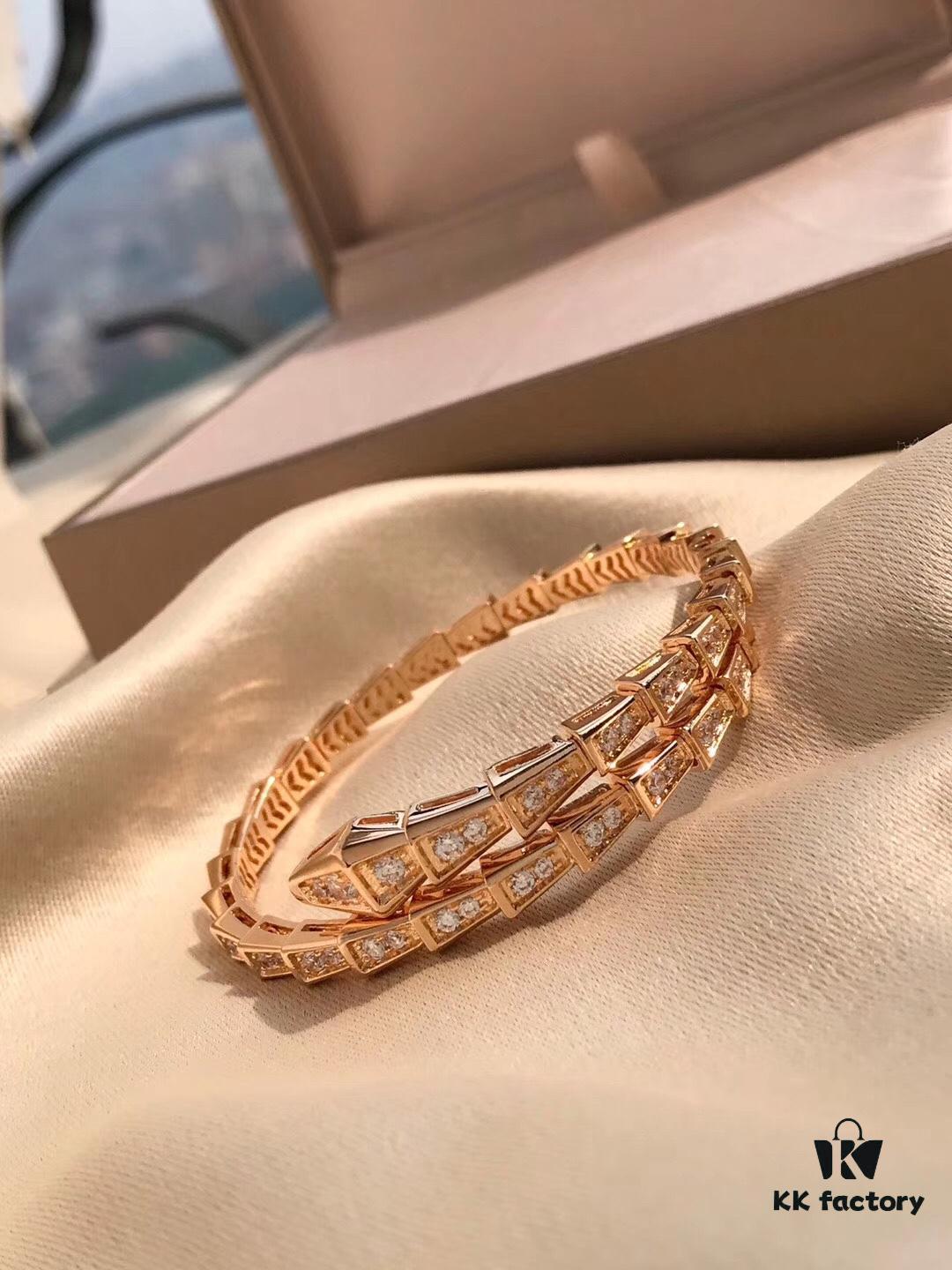 Bvlgari Serpenti Viper Full Diamond Snake Bone Bracelet in S925 Silver with 18K Gold Plating