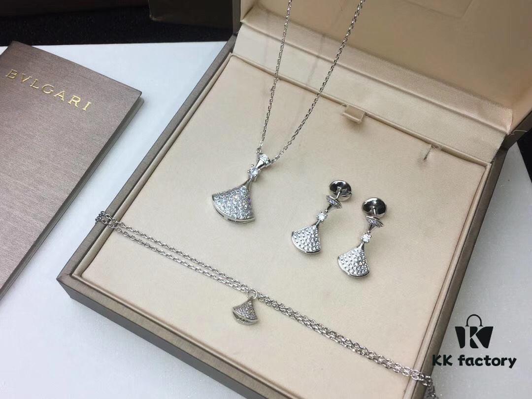 Top-Tier Replica BVLGARI Diva Series Fan-Shape Full Diamond Set: Dress Necklace, Bracelet, and Earrings - Luxury Custom Design in 18K Rose Gold/White Gold Plated Pure Silver with 925 Sterling Silver Anti-Allergy Ear Posts