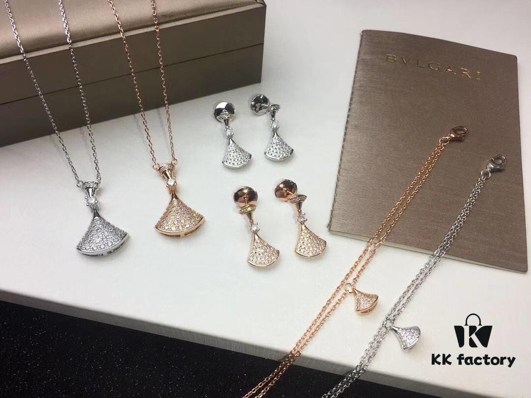 Top-Tier Replica BVLGARI Diva Series Fan-Shape Full Diamond Set: Dress Necklace, Bracelet, and Earrings - Luxury Custom Design in 18K Rose Gold/White Gold Plated Pure Silver with 925 Sterling Silver Anti-Allergy Ear Posts