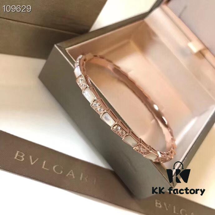 BVLGARI Classic Reimagined Natural Shell Snake Bangle Bracelet in Rose Gold with Diamond Accents, Premium 925 Sterling Silver Thick Gold Plated with Mother of Pearl