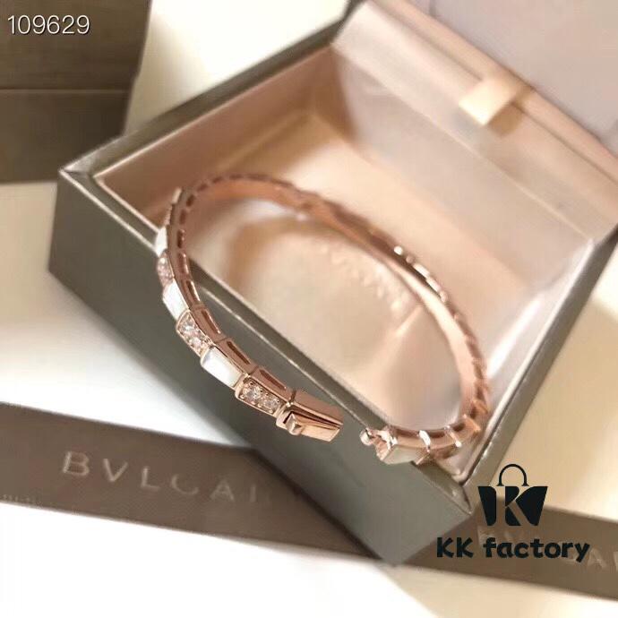 BVLGARI Classic Reimagined Natural Shell Snake Bangle Bracelet in Rose Gold with Diamond Accents, Premium 925 Sterling Silver Thick Gold Plated with Mother of Pearl