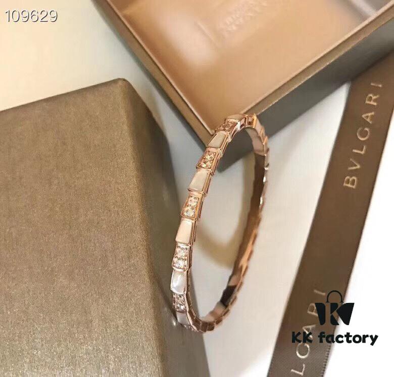 BVLGARI Classic Reimagined Natural Shell Snake Bangle Bracelet in Rose Gold with Diamond Accents, Premium 925 Sterling Silver Thick Gold Plated with Mother of Pearl